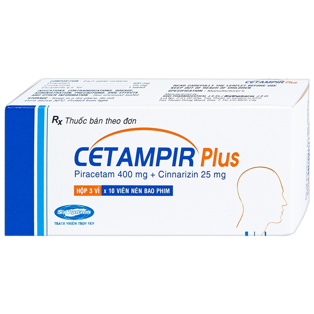 Thuốc Cetampir Plus 400mg/25mg SaVipharm điều trị rối loạn thiểu năng vỏ não, động kinh, giảm trí nhớ (3 vỉ x 10 viên)