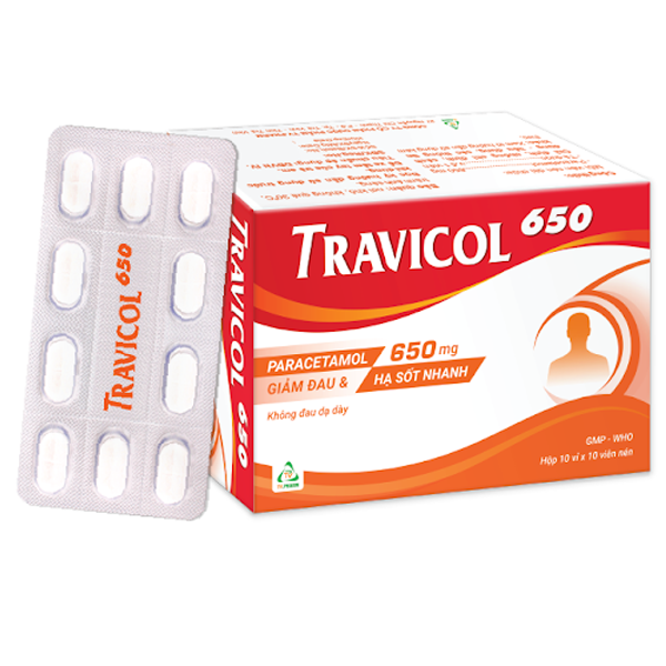 Thuốc Travicol 650 TV.Pharm hạ sốt, giảm đau (10 vỉ x 10 viên)