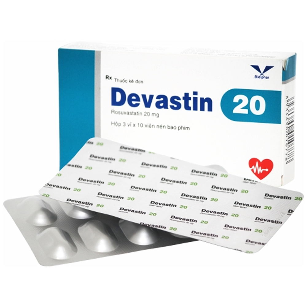 Thuốc Devastin 20 Bidiphar điều trị tăng cholesterol máu nguyên phát, rối loạn lipid máu hỗn hợp (3 vỉ x 10 viên)