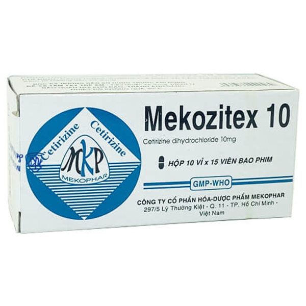 Thuốc Mekozitex 10 Mekophar điều trị viêm mũi dị ứng, mày đay, viêm kết mạc dị ứng (10 vỉ x 15 viên)