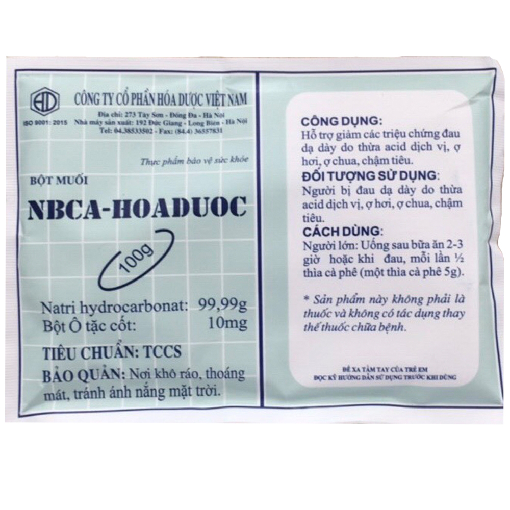 Bột muối NBCA Hoa Duoc 100g hỗ trợ giảm các triệu chứng đau dạ dày do thừa acid dịch vị