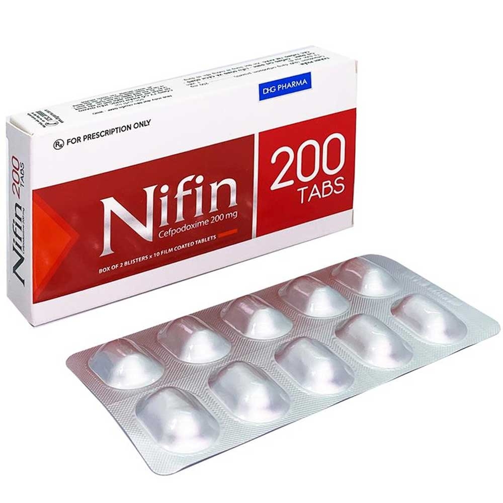 Thuốc Nifin 200 Tabs DHG điều trị nhiễm khuẩn đường hô hấp, viêm tai giữa (2 vỉ x 10 viên)