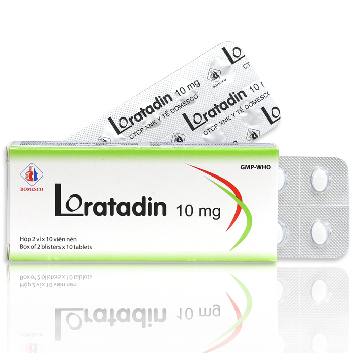 Viên nén Loratadin 10mg Domesco điều trị viêm mũi dị ứng, hắt hơi, sổ mũi, ngứa, viêm kết mạc (2 vỉ x 10 viên)