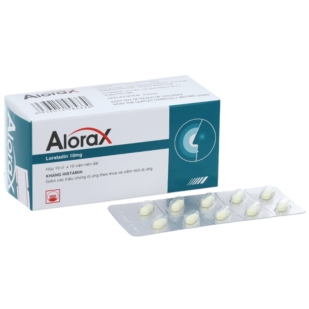 Thuốc Alorax 10mg Pymepharco điều trị viêm mũi dị ứng, mày đay mạn tính (10 vỉ x 10 viên)