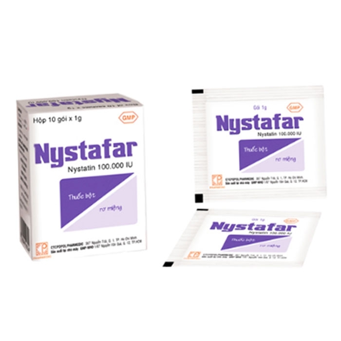 Thuốc bột rơ miệng Nystafar 100.000IU Pharmedic điều trị Candida miệng, tưa miệng, viêm lưỡi (10 gói)