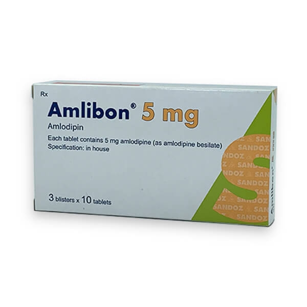 Thuốc Amlibon 5mg Sandoz điều trị tăng huyết áp, đau thắt ngực (3 vỉ x 10 viên)