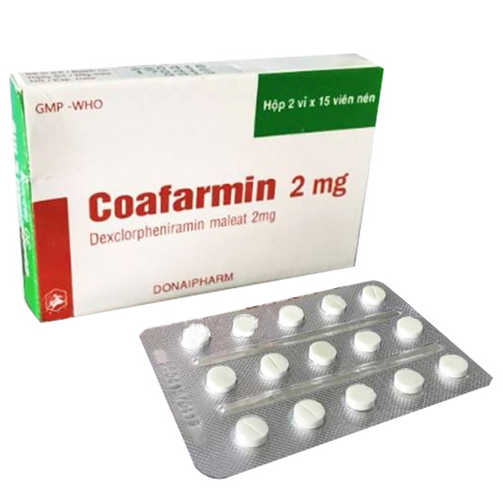 Thuốc Coafarmin 2mg Đồng Nai điều trị viêm mũi dị ứng, viêm kết mạc, mày đay (2 vỉ x 15 viên)