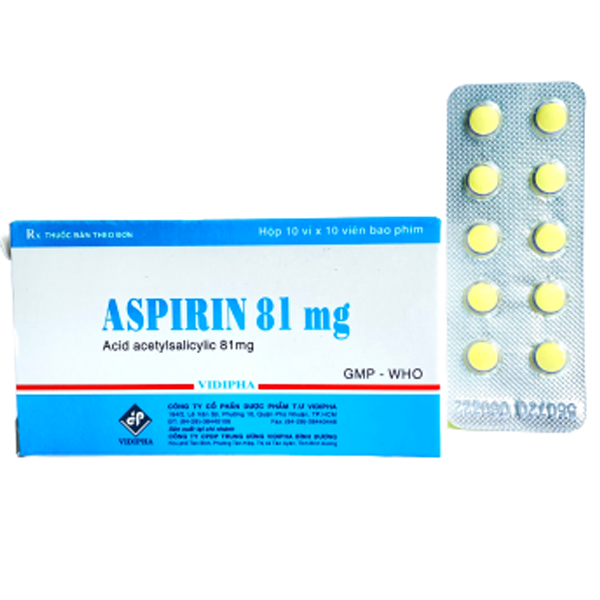 Thuốc Aspirin 81mg Vidipha phòng ngừa nhồi máu cơ tim, đột quỵ (10 vỉ x 10 viên)