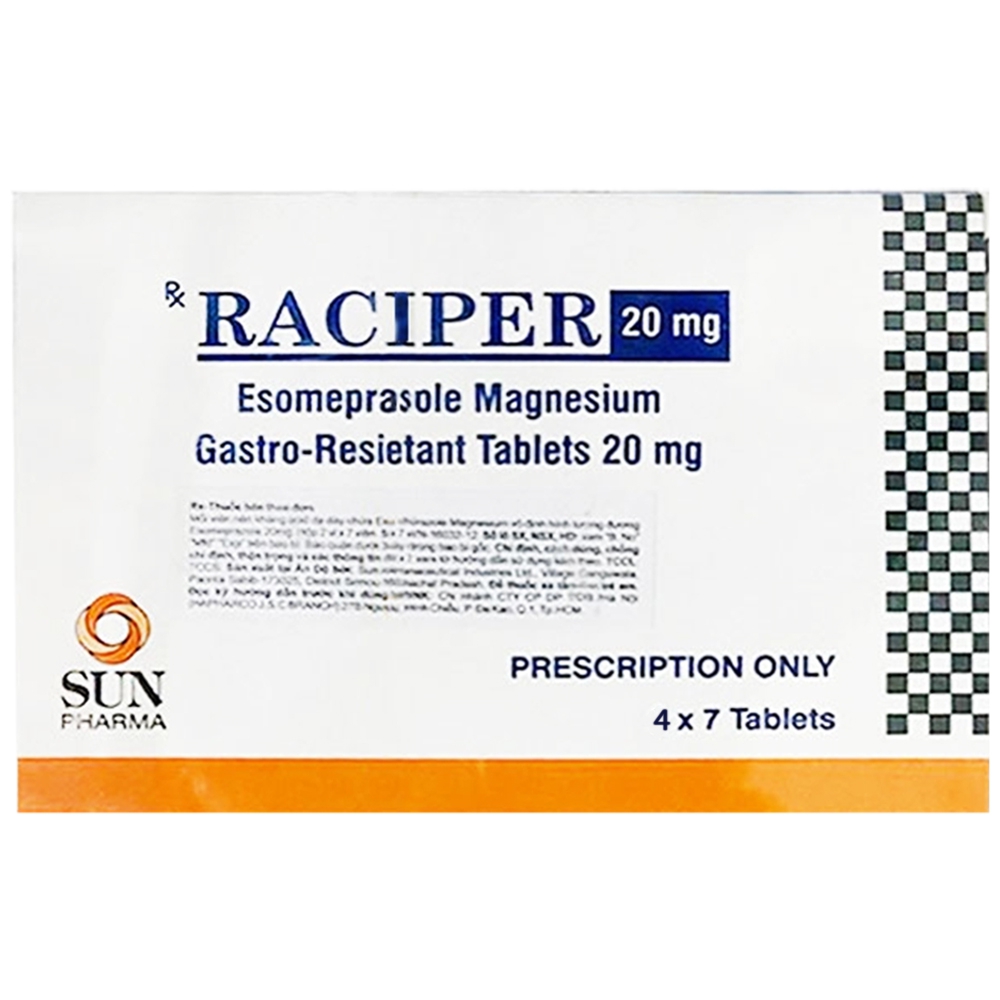 Thuốc Raciper 20mg Sun Pharma điều trị chứng trào ngược dạ dày, thực quản (4 vỉ x 7 viên)