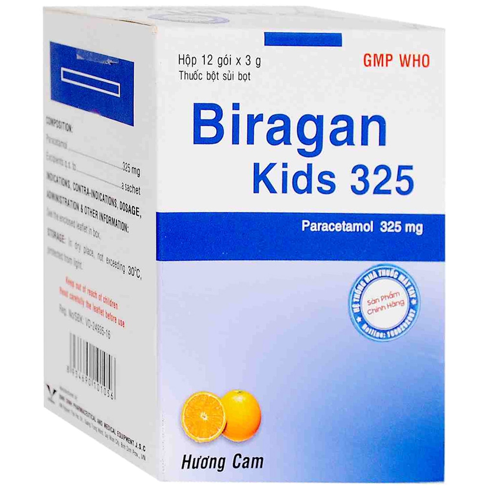 Thuốc bột sủi cam Biragan Kids 325 Bidiphar hương cam, điều trị các chứng đau và sốt từ nhẹ đến vừa (12 gói x 3g)