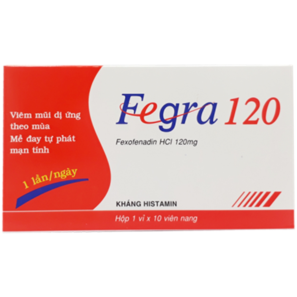 Thuốc Fegra 120 Pymepharco điều trị viêm mũi dị ứng theo mùa, mề đay tự phát mạn tính (1 vỉ x 10 viên)