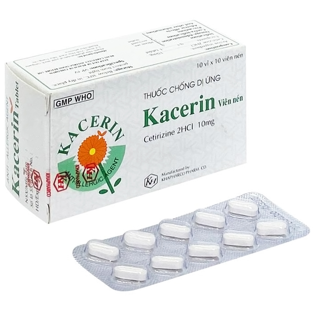 Thuốc chống dị ứng Kacerin 10mg Khapharco điều trị triệu chứng viêm mũi (10 vỉ x 10 viên)