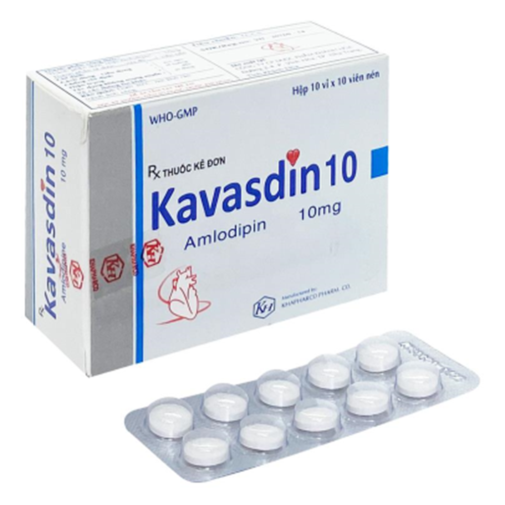 Viên nén Kavasdin 10mg Khapharco điều trị tăng huyết áp ở người đau thắt ngực ổn định (10 vỉ x 10 viên)