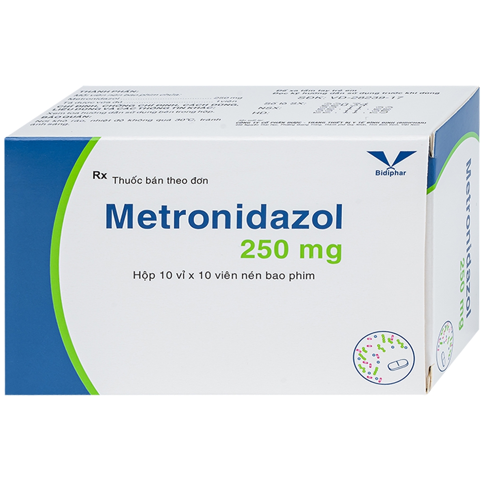 Thuốc Metronidazol 250mg Bidiphar điều trị nhiễm động vật nguyên sinh, loét dạ dày tá tràng (10 vỉ x 10 viên)