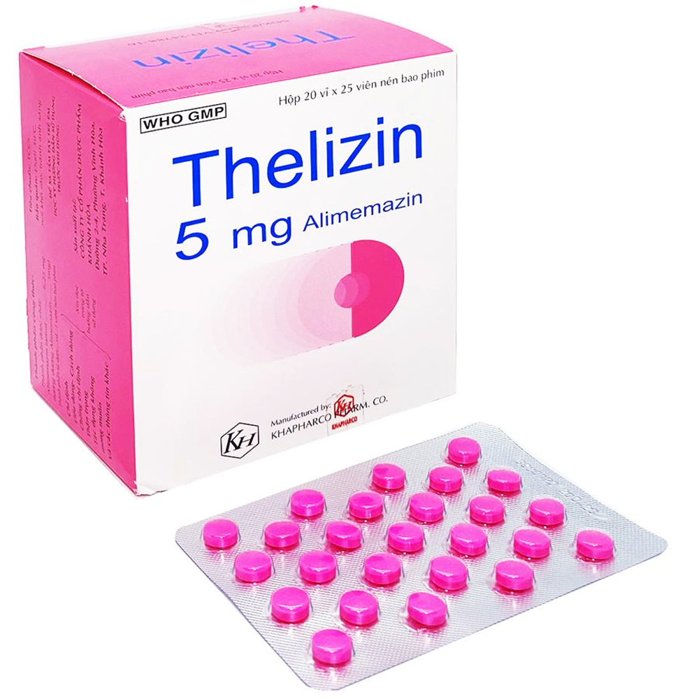 Thuốc Thelizin 5mg Khapharco điều trị dị ứng hô hấp, mất ngủ (20 vỉ x 25 viên)