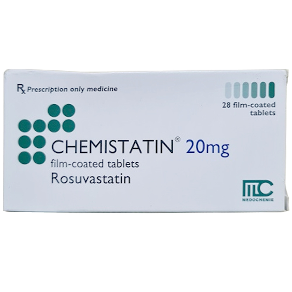 Thuốc Chemistatin 20mg Medochemie điều trị tăng cholesterol máu và ngừa bệnh tim mạch (4 vỉ x 7 viên)