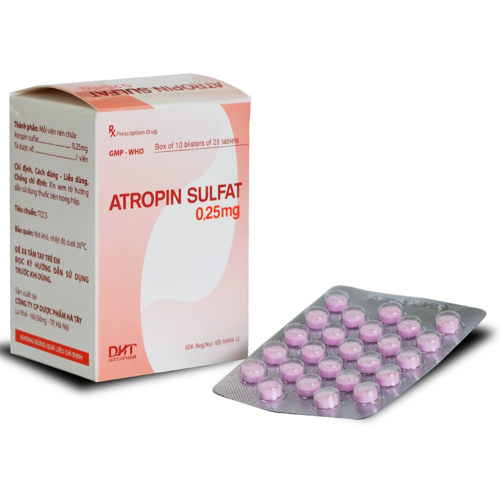 Thuốc Atropin Sulfat 0.25mg Nam Hà giảm đau cơn co thắt cơ trơn đường tiêu hoá và tiết niệu (10 vỉ x 25 viên)