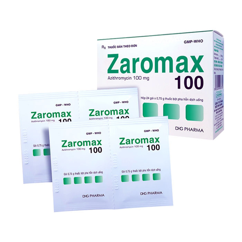 Bột pha hỗn dịch uống Zaromax 100 DHG Pharma điều trị viêm phế quản, viêm phổi (24 gói)