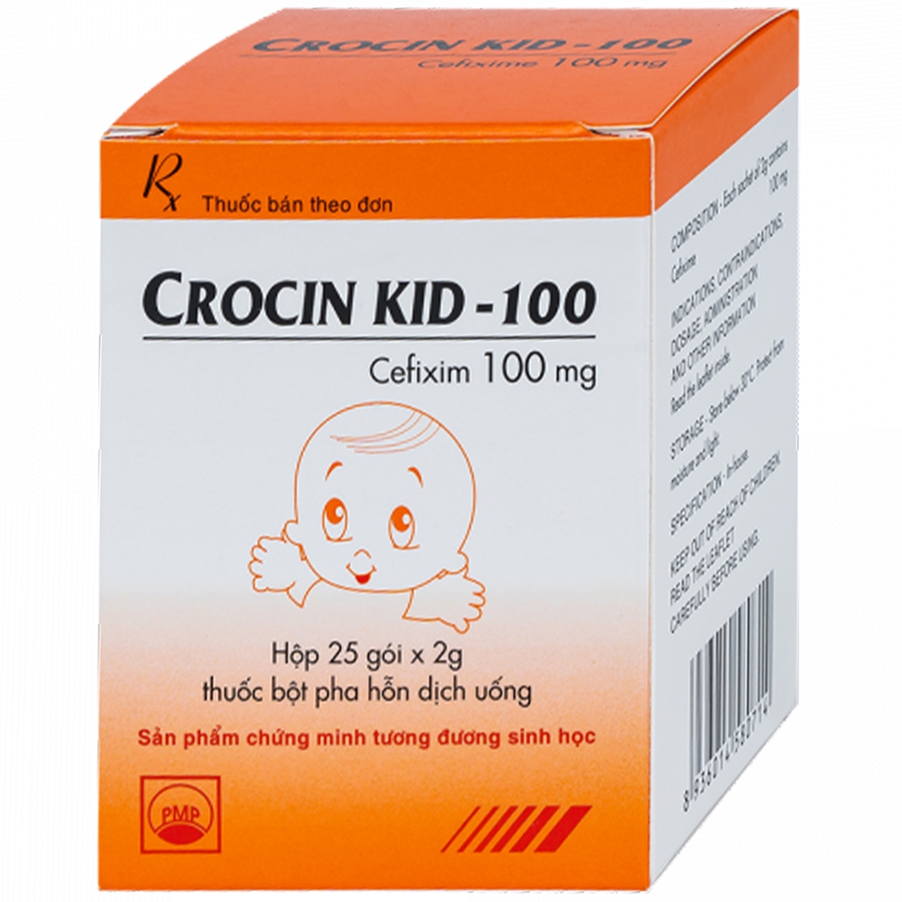 Bột pha hỗn dịch uống Crocin Kid 100mg Pymepharco điều trị viêm phổi, viêm xoang, viêm họng (25 gói x 2g)