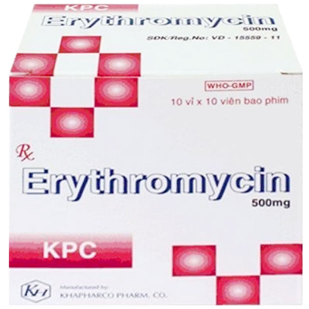 Thuốc Erythromycin 500mg Khapharco điều trị nhiễm khuẩn hô hấp trên, đường hô hấp dưới (10 vỉ x 10 viên)