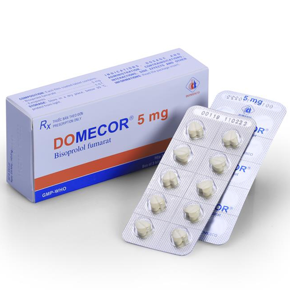 Thuốc Domecor 5mg Domesco điều trị tăng huyết áp, đau thắt ngực, suy tim (3 vỉ x 10 viên)