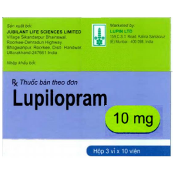 Thuốc Lupilopram 10mg Jubilant điều trị các chứng trầm cảm trầm trọng, rối loạn hoảng sợ (3 vỉ x 10 viên)