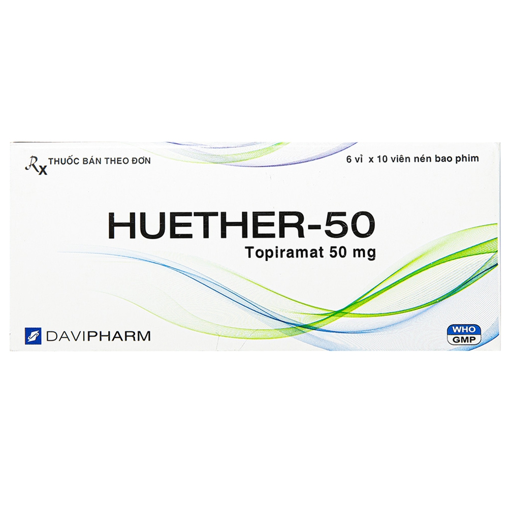 Thuốc Huether-50 Davipharm điều trị cơn động kinh khởi phát, dự phòng đau nửa đầu (6 vỉ x 10 viên)