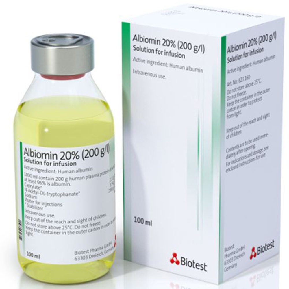 Dịch truyền Albiomin 20% Biotest điều trị cấp cứu trường hợp choáng do giảm thể tích máu (100ml)