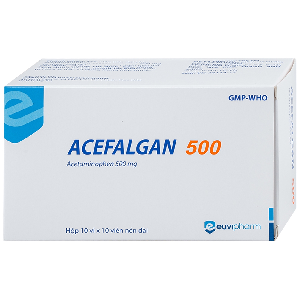 Viên sủi Acefalgan 500 Euvipharm giảm đau đầu, đau răng, cúm, nhức mỏi cơ (4 vỉ x 4 viên)