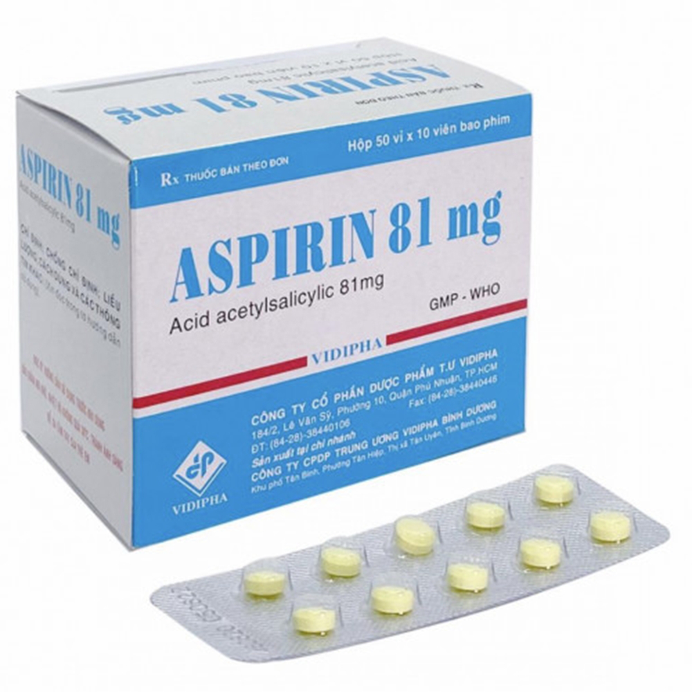 Thuốc Aspirin 81mg Vidipha phòng ngừa nhồi máu cơ tim, đột quỵ (50 vỉ x 10 viên)