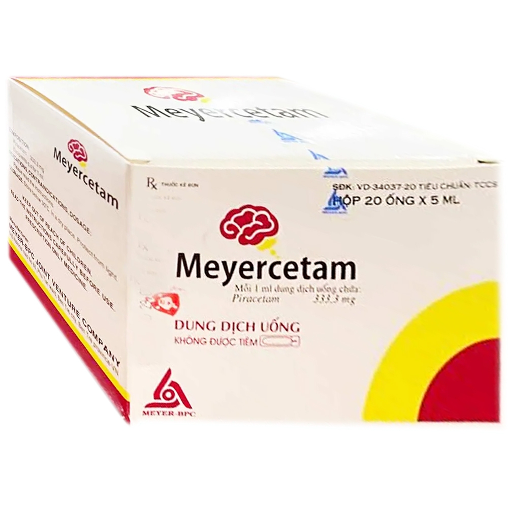 Dung dịch uống Meyercetam 333.3mg Meyer điều trị giật rung cơ có nguồn gốc vỏ não (20 ống x 5ml)