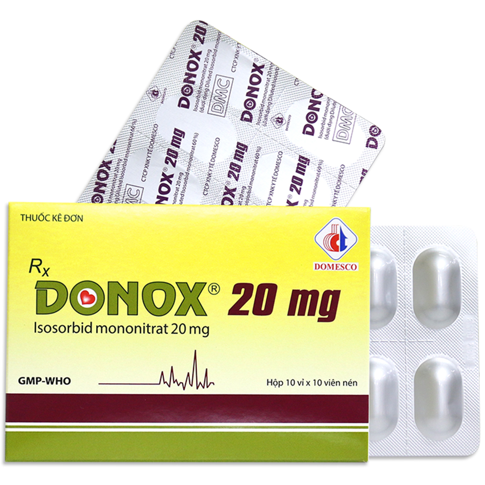 Thuốc Donox 20 mg Domesco dự phòng đau thắt ngực và điều trị hỗ trợ trong suy tim sung huyết (3 vỉ x 10 viên)