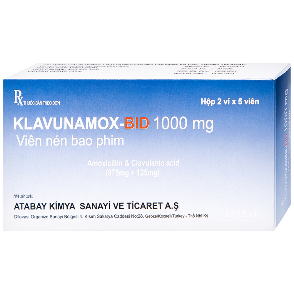 Viên nén Klavulamox-Bid 1000mg Atabay điều trị viêm amidan, viêm tai giữa (2 vỉ x 5 viên)