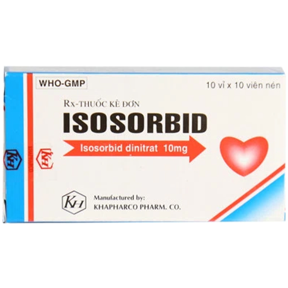 Thuốc Isosorbid 10mg Khapharco phòng và điều trị cơn đau thắt ngực, suy tim sung huyết (10 vỉ x 10 viên)