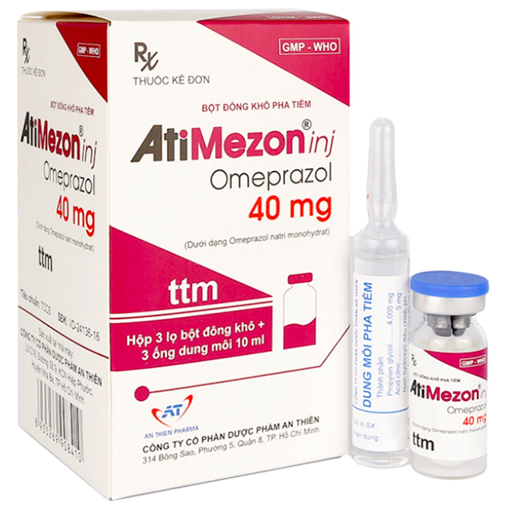 Bột pha tiêm Atimezon inj Omeprazole 40mg An Thiên điều trị chứng tăng tiết acid dạ dày (3 lọ bột đông khô + 3 ống dung môi 10 ml)