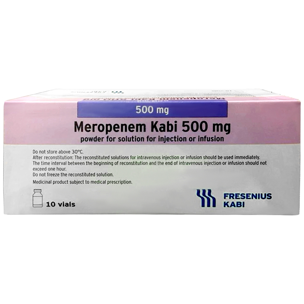 Bột pha tiêm Meropenem Kabi 500mg điều trị viêm phổi nặng, nhiễm trùng phế quản, nhiễm trùng đường tiết niệu (10 lọ)