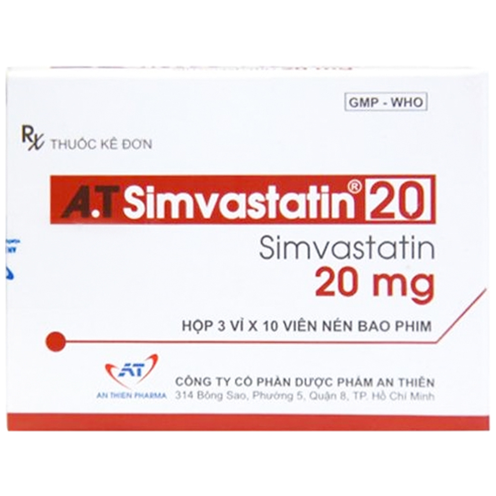 Thuốc A.T Simvastatin 20mg An Thiên điều trị Tăng cholesterol máu nguyên phát (3 vỉ x 10 viên)