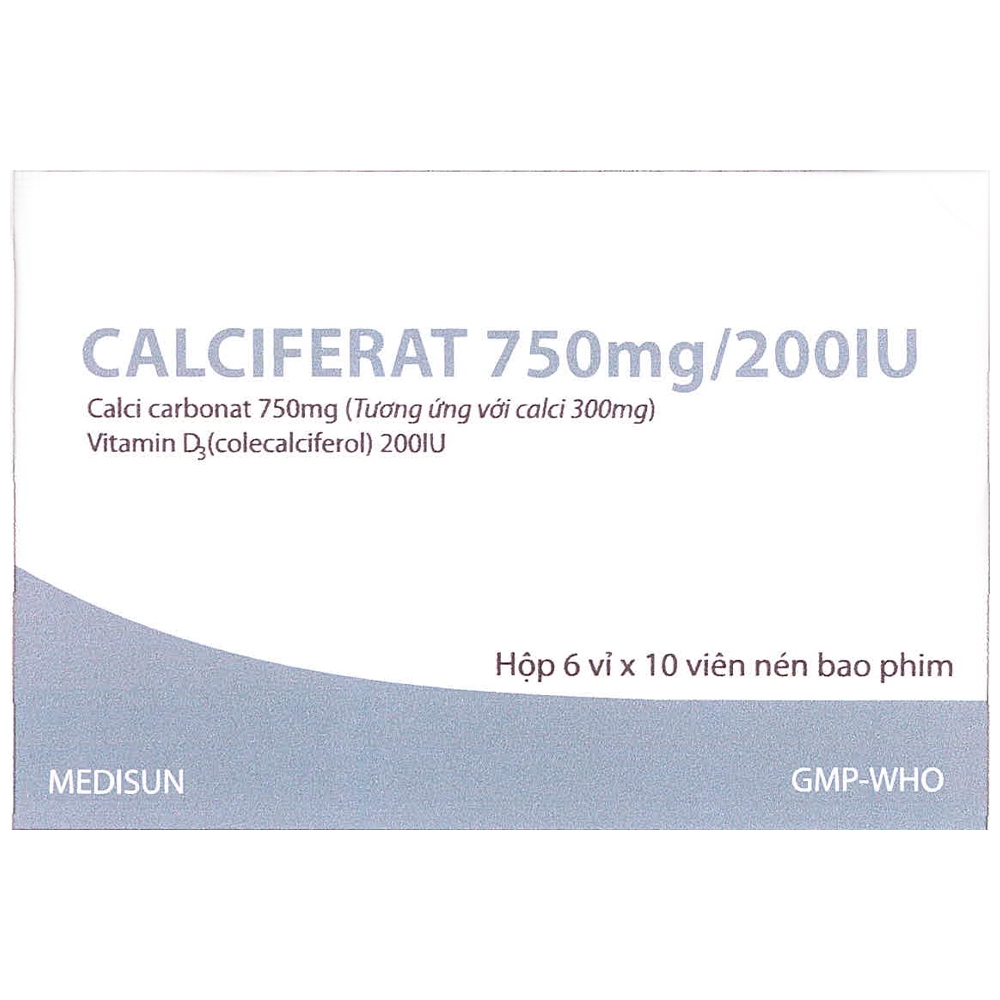 Thuốc Calciferat 750mg/200iu Medisun phòng và điều trị loãng xương, thiếu hụt calci và vitamin D (6 vỉ x 10 viên)