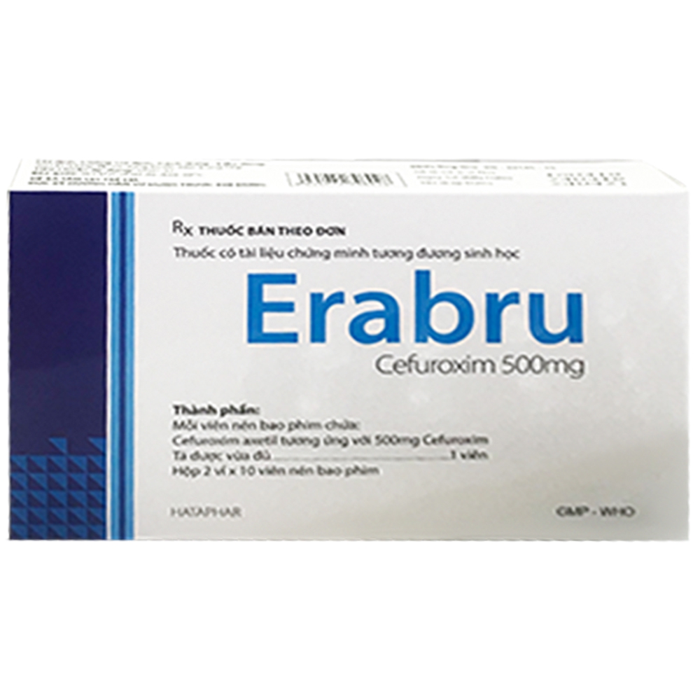 Thuốc Erabru 500mg Hà Tây điều trị nhiễm khuẩn nhạy cảm với cefuroxim (2 vỉ x 10 viên)