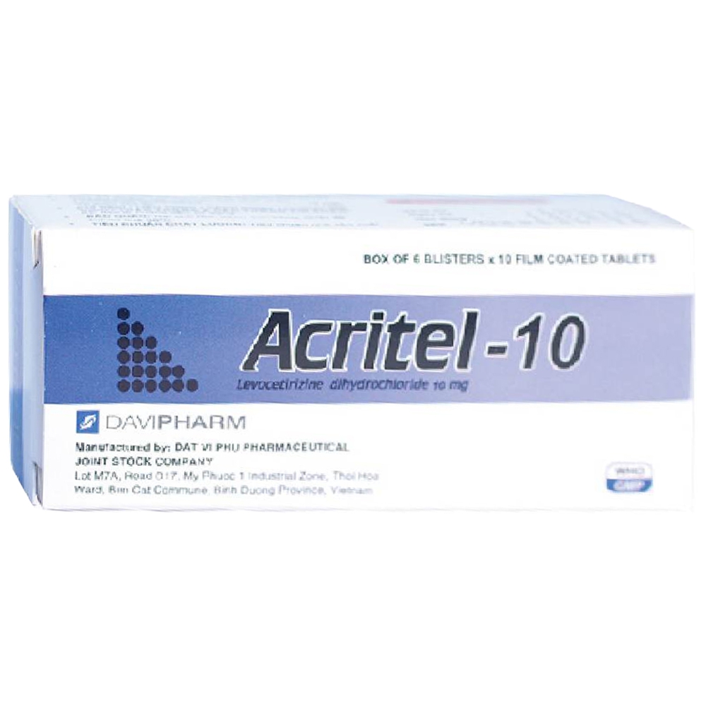 Thuốc Acritel 10mg Davipharm điều trị triệu chứng viêm mũi dị ứng (6 vỉ x 10 viên)