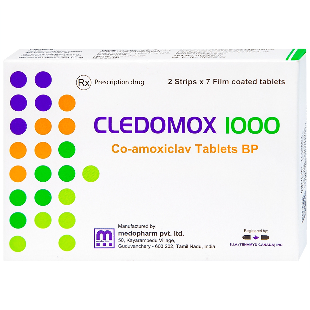 Thuốc Cledomox 1000 Tenamyd điều trị các trường hợp nhiễm khuẩn (2 vỉ x 7 viên)