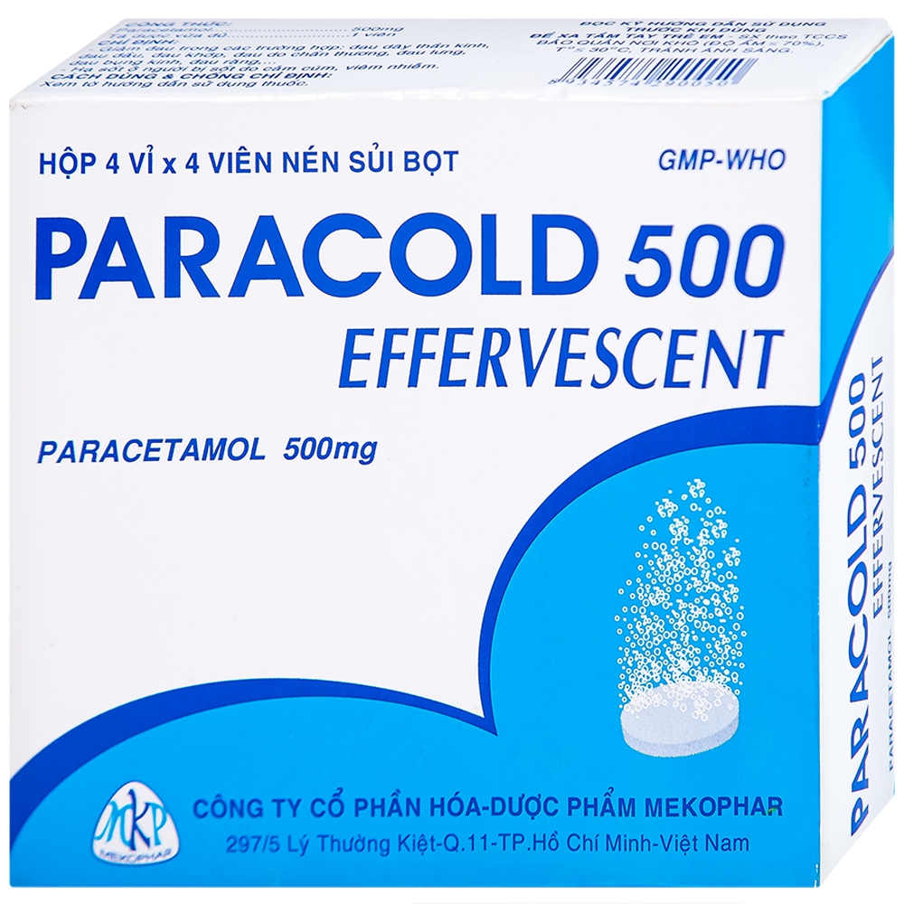 Viên sủi Paracold 500 Effervescent Mekophar giảm đau thần kinh, đau đầu, đau khớp (4 vỉ x 4 viên)