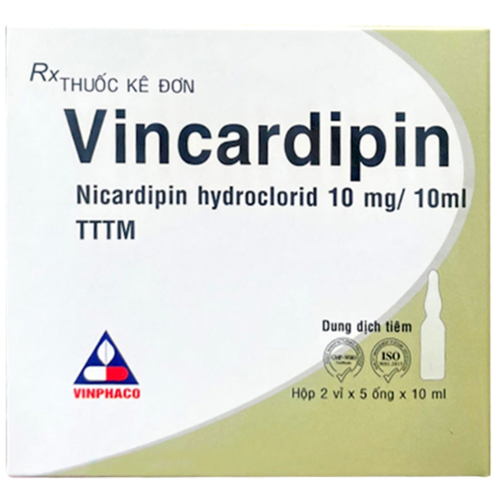 Dung dịch tiêm Vincardipin 10mg/10ml vinphaco điều trị đau thắt ngực mạn ổn định (2 vỉ x 5 ống)