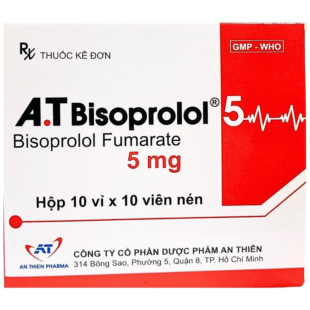 Thuốc A.T Bisoprolol 5mg An Thiên chỉ định trong trường hợp tăng huyết áp từ nhẹ đến vừa (10 vỉ x 10 viên)