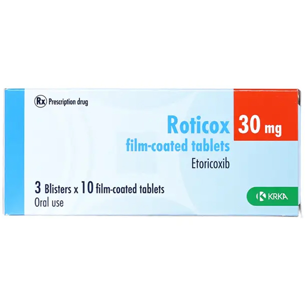 Thuốc Roticox 30mg Krka điều trị triệu chứng đau và các dấu hiệu viêm nhiễm (3 vỉ x 10 viên)