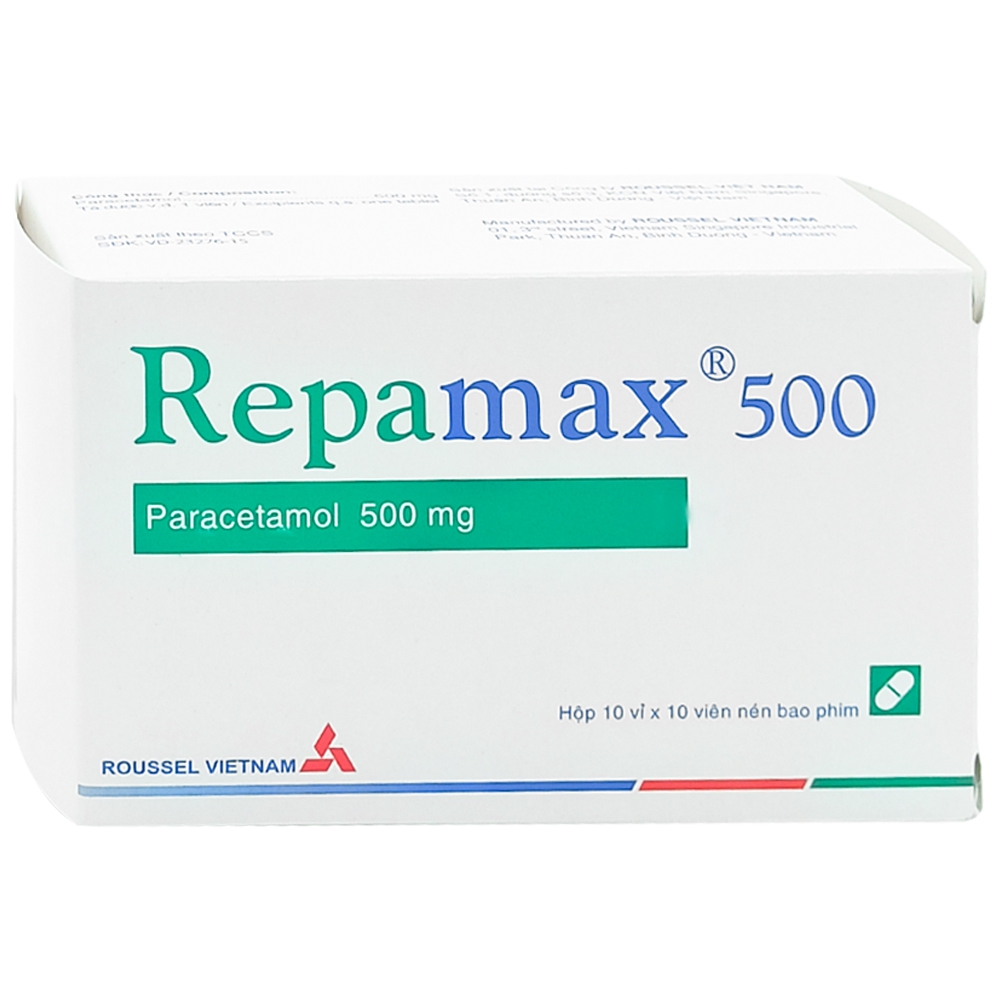 Thuốc Repamax 500mg Roussel điều trị đau nhẹ đến vừa, hạ sốt (10 vỉ x 10 viên)