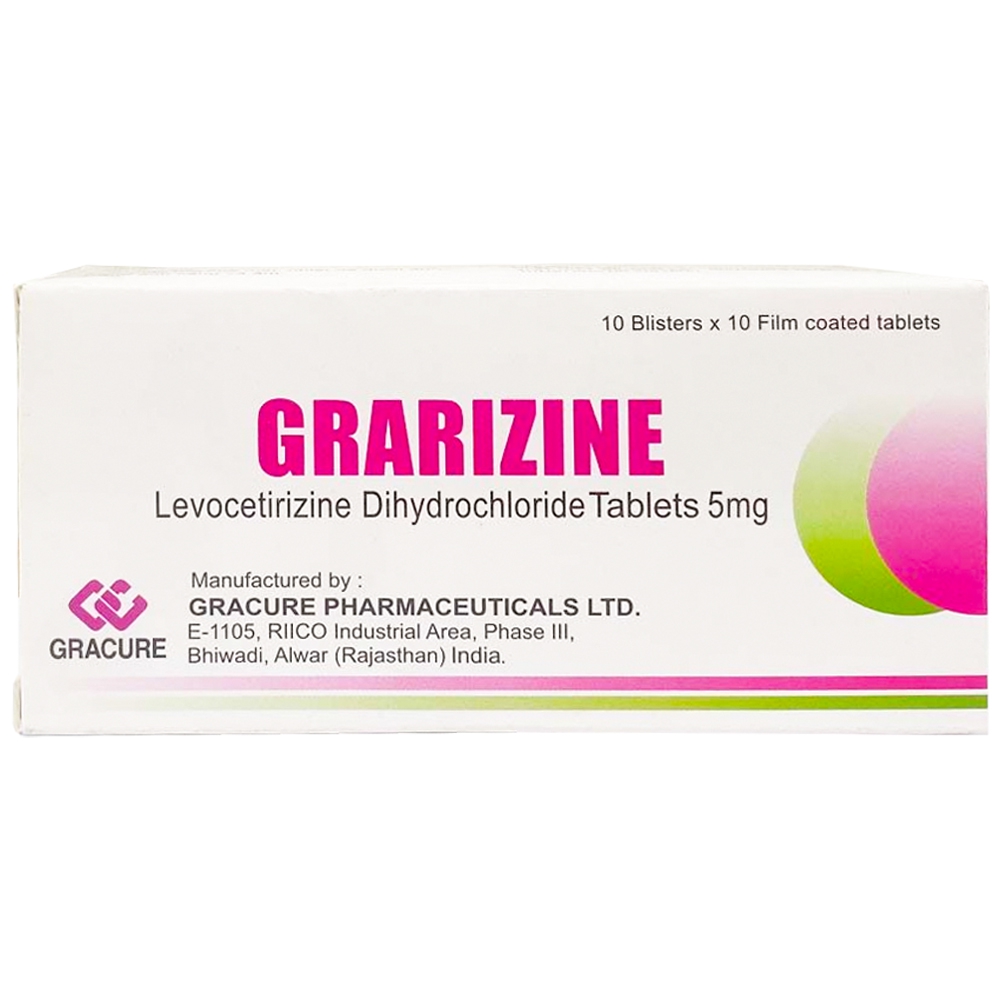 Thuốc Grarizine 5mg Gracure điều trị viêm mũi dị ứng quanh năm, viêm mũi dị ứng theo mùa (10 vỉ x 10 viên)