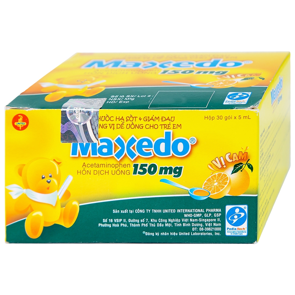 Hỗn dịch uống Maxedo 150mg United hạ sốt, giảm đau nhức do cảm cúm, viêm amidan (30 gói x 5ml)