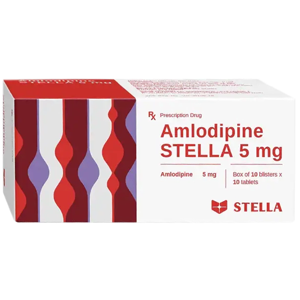 Thuốc Amlodipine 5mg Stella Pharm điều trị tăng huyết áp, đau thắt ngực ổn định mạn tính (10 vỉ x 10 viên)