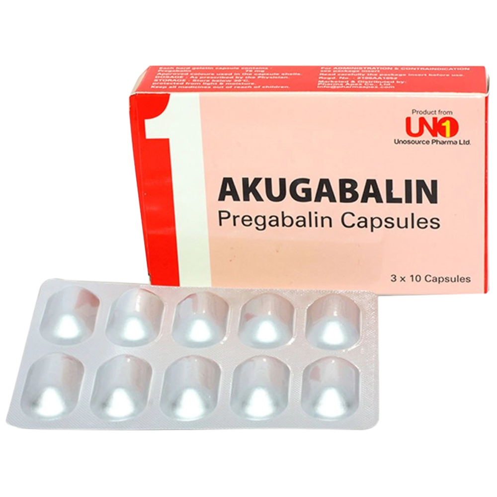 Thuốc Akugabalin 75mg Akums điều trị chứng đau do thần kinh (3 vỉ x 10 viên)